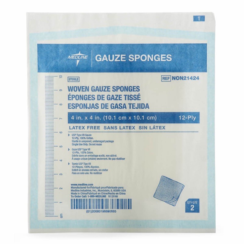 Medline Woven Gauze Sponges, Sterile, 12-Ply, 4 x 4 Inches,