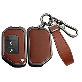 ontto Flip Folding Key Fob Cover Compatible with Jeep Wrangler JL JLU Gladiator JT Rubicon Sahara JLU 2019-up Car Accessories Solid Car Key Sleeve Metal and Leather Keycase Brown