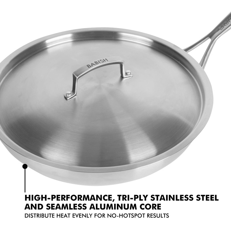 Babish 12-Inch Tri-Ply Stainless Steel Frying Pan with Lid –
