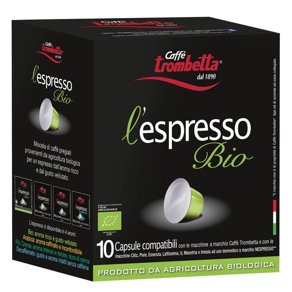 Trombetta Nespresso Organic Italian Coffee - 10 Capsules “L’espresso Bio” Instant Organic Espresso Coffee - Compatible Nespresso Espresso Coffee Pods