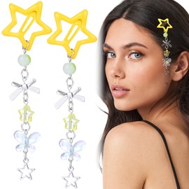Pndeyo 2pcs Star Tassels Hair Clips for Women, Non-Slip 2000s Y2K Hair Snap Barrettes, Cute Star Bow Butterfly Beaded Pendant Hair Pin Accessories for Braid Long Short Thin Thick Hair- Yellow