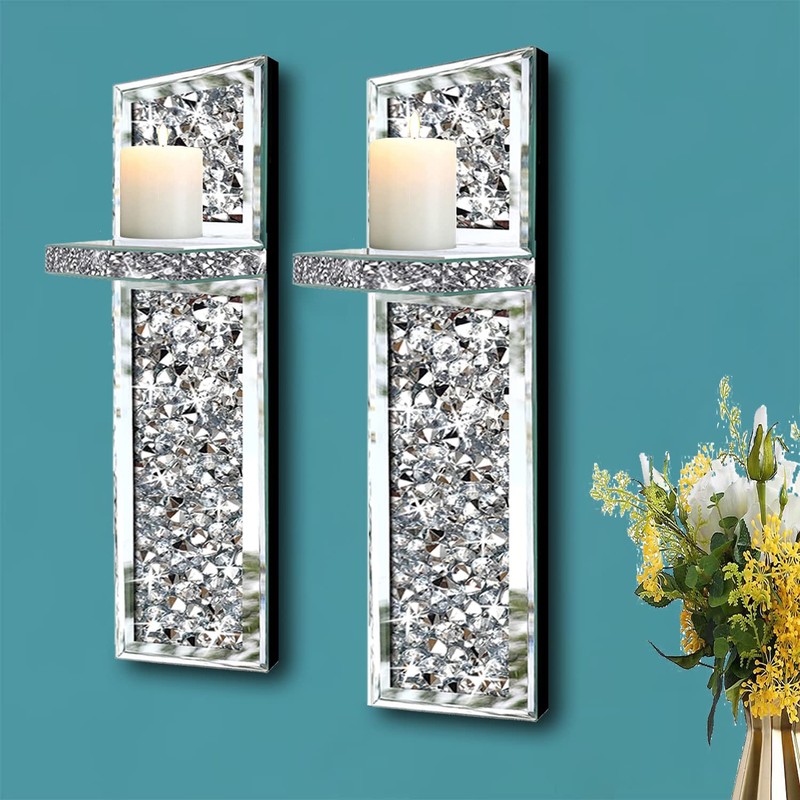 Set of 2 Crystal Crush Diamond Candle Sconces, Gorgeous Silver