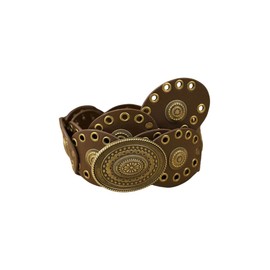 BEAUDRM Women's Grommet Eyelet Wide Disc Belt Boho Cowgirl Vintage Western Metal Buckle Leather Concho Waist Belts Coffee Brown suit waist size: 37.4-41.3"