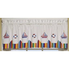 Newport Embroidered Nautical Sailboat Life Preserver Rainbow Curtain Val Or Tier - Valance 60Wx14L