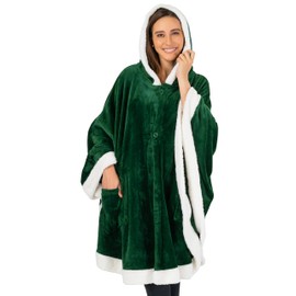 PAVILIA Wearable Blanket for Women, Hooded Poncho Warm Cape Blanket, Angel Wrap Shawl Jacket Blanket with Sleeves, Hood Pocket for Adult, Women Mom Gift, Emerald Green