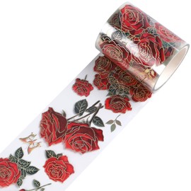 Yiiyyuuko Rose Flower Scrapbook Sticker Crafts - 1 Roll of Rose Flower Transparent PET Scrapbook Vintage Red Flower Junk Journal Supplies for Floral Srapbooking Tapes Art Crafts Cup Decorative