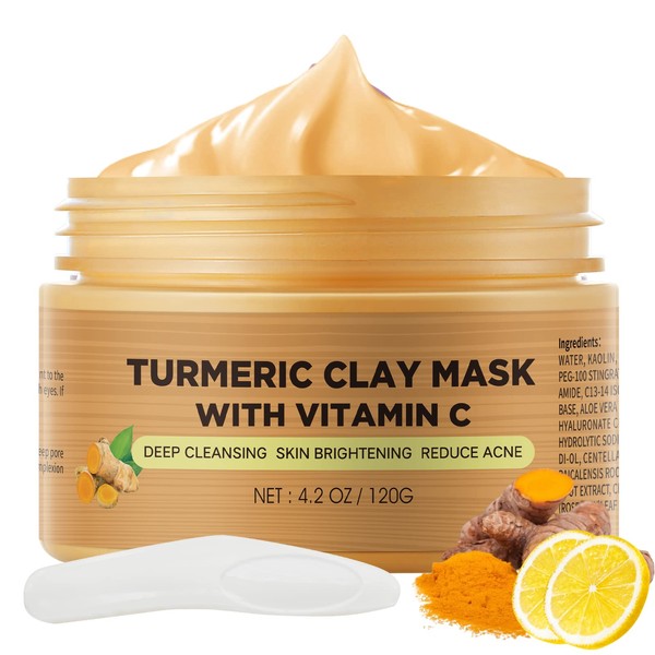 Turmeric Vitamin C Clay Mask, Turmeric Clay Facial Mask Skin Care Improve Blackheads Acne Dark Spots, Deep Cleansing Face Mud Mask Control Oil and Refining Pores, 4.2 OZ (Turmeric Vitamin C)