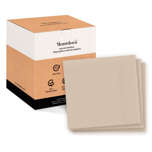 Ibambo 1600 Pack (8 Boxes of 200) Bamboo Entertain Dinner Napkins - 3-Ply Ecofriendly Disposable Napkins, 7.5x8.5 Inch Folded Bamboo Napkins for Special Events & Occasions, Large Compostable Napkins