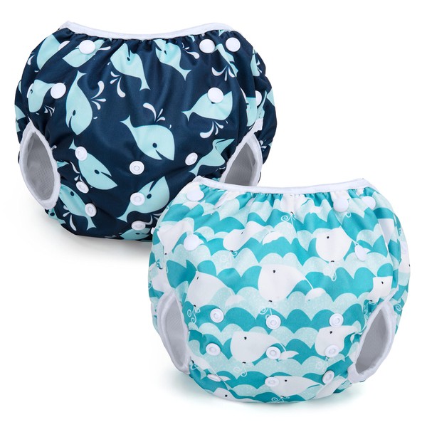 Teamoy Reusable Swim Nappies (Pack of 2), Swimsuit Nappies, Washable Nappies for Babies & Girls, Whale + Cute Whale