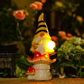 Yeomoo Garden Gnomes with Solar Fairy Lights Funny Garden Decoration for Outdoors: Garden Gnome Sitting on Mushrooms Garden Statues Gifts for Women Mum Men Birthday Gift Garden Balcony Decoration Room