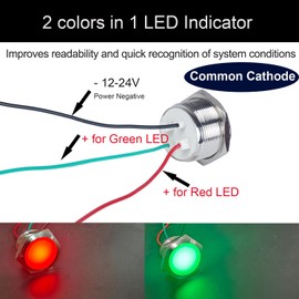 22mm 12V-24V Two Colors Metal LED Indicator Light, Waterproof Common Cathode Dual Color Led Signal Lamp, Red and Green LED in 1 with Wires to Indicate The Power Supply Status 2Pcs