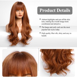HAIRCUBE Auburn Wig with Bangs for Women Auburn Long Wavy Hair Wig Wig Curly Wavy Synthetic Wigs for Girls Daily Party Use