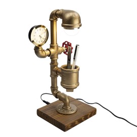 Industrial Steampunk LED Desk Lamp "Kangaroo" with Pen Holder Organizer, Wood Base with Iron Piping Loft Style Vintage Antique Light, Retro Desk Lamp