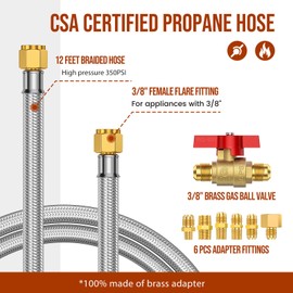 12 Feet 3/8 Propane Hose Extension, Braided Propane Tank Gas Line Hose, with Adapter, 3/8" Male Flare to 1/2" 1/4" 1/8" 3/8" 3/8" NPT Male, for Camper, RV, Camper, Grill, Griddle, Heated, Fire Pit
