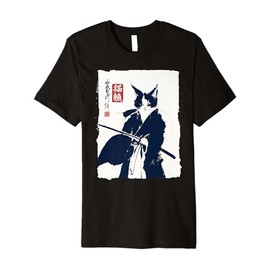 Japanese Samurai Cat Art Vintage Sumi-e Ink Painting Premium T-Shirt