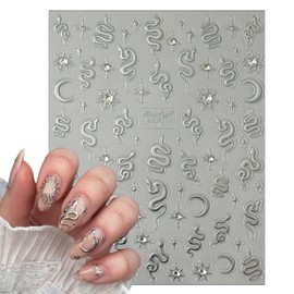 2 Sheets 5D Gold Silver Crystal Diamond Snake Nail Art Stickers Embossed Self Adhesive Snake Nail Stickers Horror Snake Nail Decals Supplies Sun Moon Nail Design for Women Girls Nail Decoration