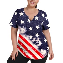 FOREYOND Plus Size Workout Tops for Women 4th of July V-Neck Yoga Shirts Loose Fit Athletic Gym Clothing Summer, USA Flag, 2XL