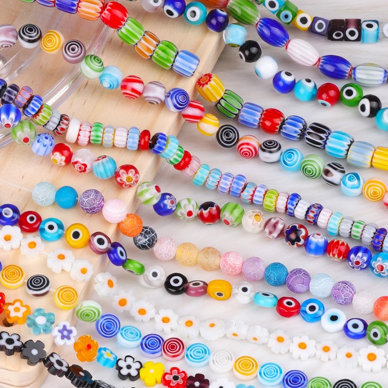 Millefiori Lampwork Glass Loose Assorted Beads Flat Flower Devil's Eye