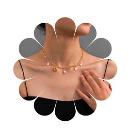 Inilbran Boho Pearl Choker Necklace Vintage Shell Pendant Necklace Gold Coin Paper Clip Necklace Pearl Cowrie Paperclip Necklace Jewelry for Women and Girls