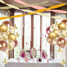 5 Rolls Orange Gold Khaki Crepe Paper Streamers,Golden 3D Butterfly, Premium Party Balloons for Wedding Party Decorations, Birthday, Bridal/Baby Shower Party,Engagement Woodland Party Supplies Décor