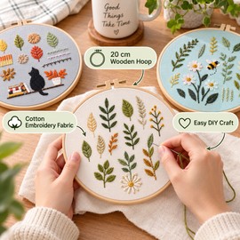 Embroidery Starter Kit for DIY Crafting – 3-Piece Cotton Leaf Pattern Set with 20cm Hoop for Painting & Needlework Projects