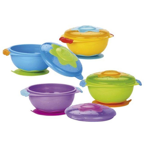 NUBY MICROWAVEABLE FEEDING BOWL WITH LID AND ANTI-SLIP FOOT, VARIOUS