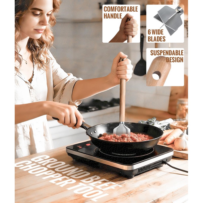 Stainless Steel Meat Chopper, 6 Curve Blades Meat Masher, 11