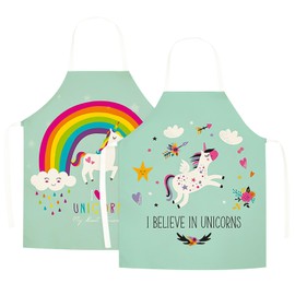 Wolepaz 2 Pcs Kids Aprons, Cartoon Style Adjustable Child Chef Aprons, Linen Unicorn Horse Aprons for Boys Girl's Kitchen Cooking Baking Painting Wear(Green)