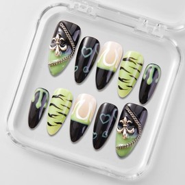 Zfans Almond Shape DreamWear Collection - 100% Handcrafted 3D Press-On Nails | Reusable, Long-Lasting, Salon-Quality Mint Bloom Eco-Friendly Nail Art Set:_Goth Neon Glam_s