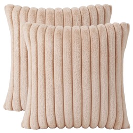 AmHoo Pack of 2 Decorative Throw Pillow Covers Faux Rabbit Fur Cozy Velvet Super Soft Fuzzy Striped Set Case Cushion for Couch Sofa Bedroom 16 x 16-Inch Camel