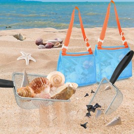 2 Pcs Tamiz de Dientes de Tiburón y 2 Pcs Bolsa de Concha Ajustable, Juguetes para Pla ya, Palas de Malla para Playa, Bolso de Playa, Apto para Niños, Niñas y Adultos
