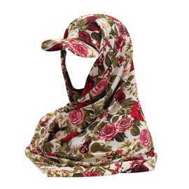 DLAPL Long Headscarf Hijabs Beanie with Baseball Visor for Muslim Women(Flower Beige Red),One Size
