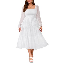 Plus Size Graduation Dress White Homecoming Long Puff Sleeve Square Neck Smocked Swiss Dot Casual Fall Midi Dresses