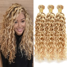 Dokksiiia Piano Color P27/613 Ombre Bundles Human Hair Highlight Kinky Curly Bundles Honey Blonde and Light Blonde Blend Curly Wave Double Weft Hair Extensions 12 14 16 Inch for All Skin Tones