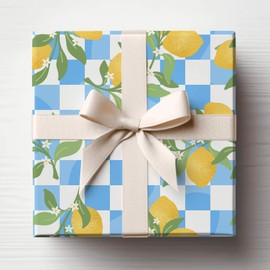Lemon Checkered Birthday Wrapping Paper – Blue Gingham Design Gift Wrap – For Summer Wedding Parties, Baby Shower – Women, Girls – Recyclable by Dyefor - 2 Sheets (50 x 70cm)