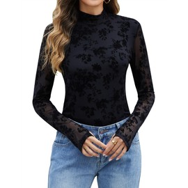 LOMON Mesh Top Sheer Long Sleeve Tops Going Out Tops High Neck Fitted Outfits Double Layering Lace Blouse Black Velvet Floral M