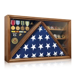 DecoWoodo Large Military Shadow Box Display Case with HD Tempered Glass - Triangular Flag Case Fits 9.5’x5' American Burial Flag, Removable Shelves for Coins, Backboard for Medals and Insignia, Walnut
