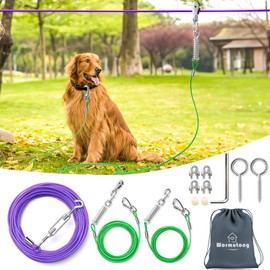 Upgraded Heavy Duty Dog Trolley System - 150ft with 10ft & 15ft Tie Out Cable, Outdoor Lead for Large Dogs Up to 250lbs, Long Leash Cable for Outside Camping, Backyard, Park