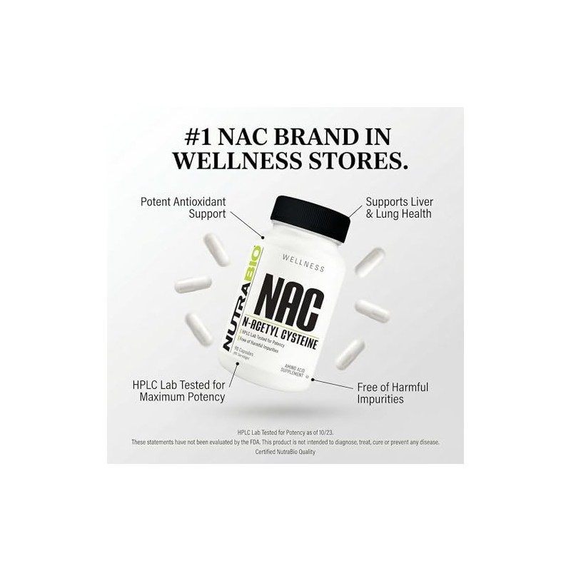 NutraBio Suplemento de N-acetil cisteína (NAC) - 90 cápsulas, 600