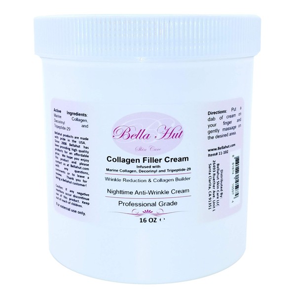 Bellahut Nighttime Collagen Filler Cream (2 OZ, 16 OZ) Infused With COLLAGEN, DECCORINYL & TRIPEPTIDE-29 | Helps Reduce Wrinkles and Fine Lines On The Face And Neck | MADE IN USA (16 Ounce)