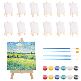 Zosenyer 12 Stück Staffelei Klein, 10 x 10 cm Mini Leinwand mit Pinsel und Paint Malen，Portable Verstellbares Staffelei Tischdeko, Malset für Kinder Zeichnung, Bilderrahmen Kunst und Handwerk