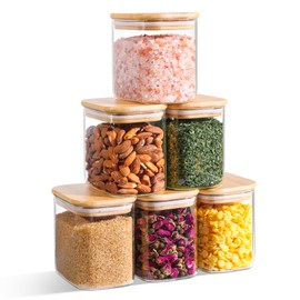 ComSaf 26oz Rectangle Glass Storage Containers with Lids, Glass Jars with Bamboo Lids, Clear Food Jar, Sugar Coffee Containers, Small Pantry Storage Container for Tea Candy Nuts Spices Oat