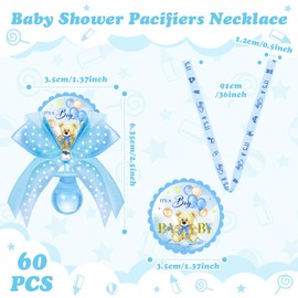 Threlaco 60 Pcs Baby Shower Pacifier Necklace Cute Bear Acrylic Baby Pacifier Party Favors Pacifier Charm Pacifier Necklace for Baby Shower Party Decoration Table Pieces (Blue,Elegant Style)