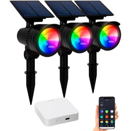Lunartec Solar Ground Spike Spotlight: Set of 6 RGB CCT LED Spotlights with Gateway, 50 lm, 1 W, IP44 (Solar Spotlight with App, LED Solar Spot RGB, Garden Light Floor Lamp)