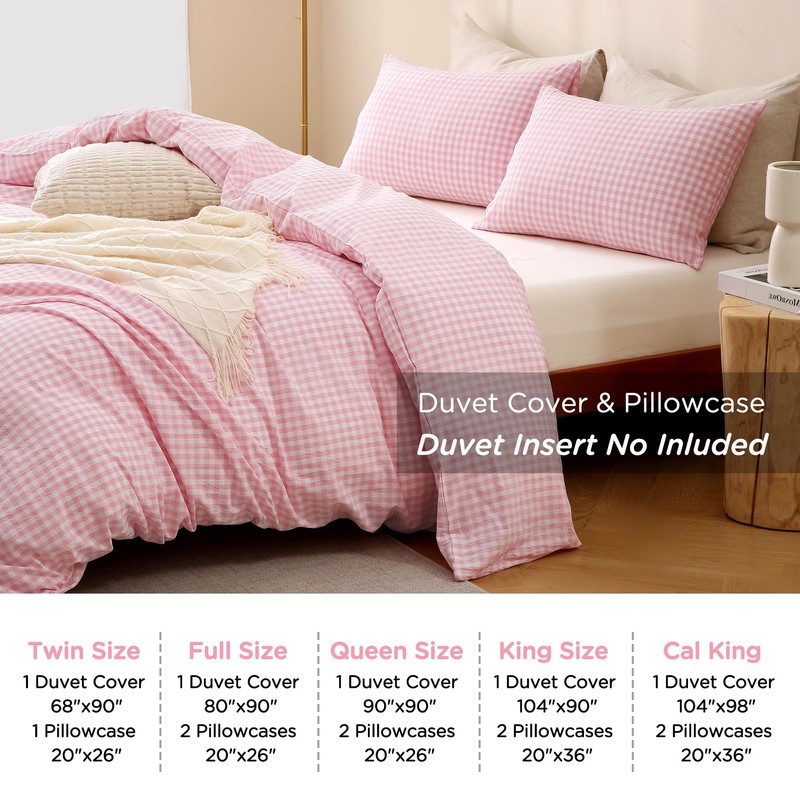 TOCOMOA Pink Gingham Duvet Cover Bedding Set 100% Washed Cotton