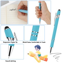 12 Pack of Light Blue Ballpoint Pens with Stylus Tips for Touch Screens & Writing. Retractable Pens - 1.0 mm Writing, Metal Pen Set for Women's Gift