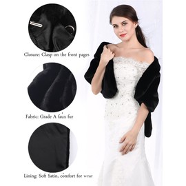 Handcess Women 1920 Bridal Wedding Faux Fur Scarf Wrap Black Bridal Fur Scarf Stole Fur Wraps and Scarves for Women -