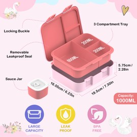 Anyiner Kids Lunch Box, Leakproof Bento Lunch Box with Multi-Compartments & Sauce Jar, Portable Snack Box Mermaid Bento Box for Kids Adults Work School, Pink Ballerina