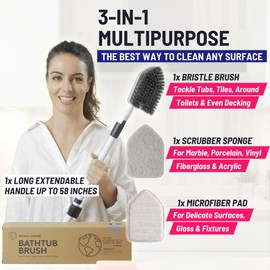 Moku Home Shower Scrubber 3 in 1 Extendable Long Handle 58" Cleaning Brush - Non Scratch Shower Brush for Cleaning Bathroom Kitchen Toilet Wall Tub Tile (Gray)
