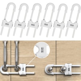 FIGEPO 6 Pack Child Proof U-Shaped Code Sliding Cabinet Door Locks Adjustable Baby Safety Plastic Cupboard Cabinet Latches Set for Knob Handle Drawers Closet White